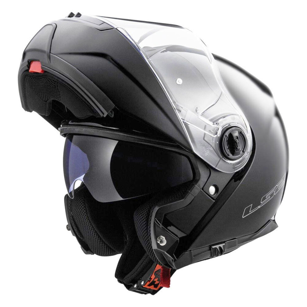 (Medium) LS2 FF325 Strobe Gloss Black Flip Front Motorcycle Helmet with Drop Down Sun Visor