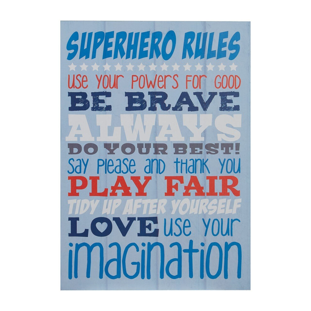 Premier Housewares Kid's Superhero Rules Wall Plaque, Mdf - Blue