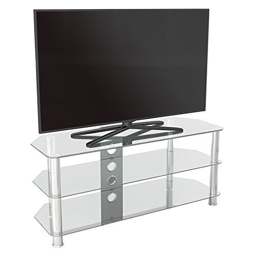 King Glass TV Stand 114cm, Chrome Legs, Clear Glass, Cable Management, for TVs up to 55