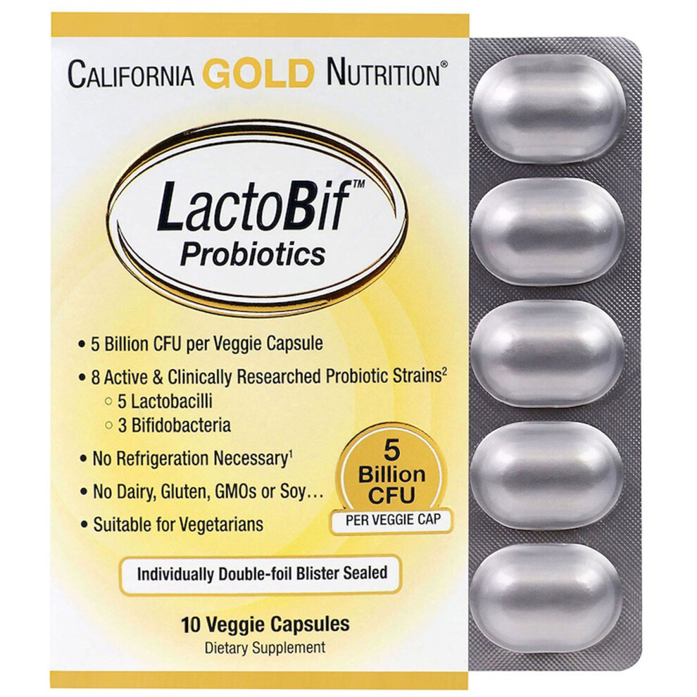 California Gold Nutrition, Gold California Nutrition, Lactobif Probiotics, 5 Billion Cfu, 10 Veggie Caps