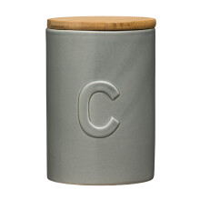 PF-0722793: Chic Design Light Grey Dolomite Coffee Canister with Airtight Bamboo Lid, Embossed 'C', H15 x L10 x W10 cm