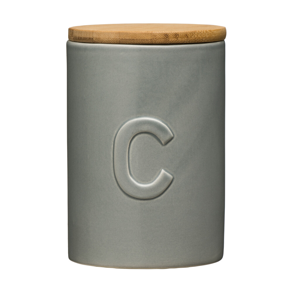 Premier Housewares Pf-0722793: Chic Design Dolomite Coffee Canister With Airtight Bamboo Lid, Embossed 'C', H15 X L10 X W10 Cm Light/Grey