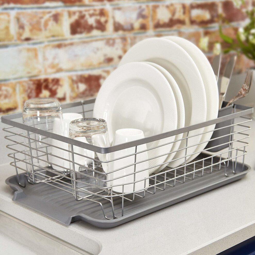 Tower T8470 Compact Dish Rack with Removable Cutlery Drainer, Colour Coated Stainless Steel, Grey