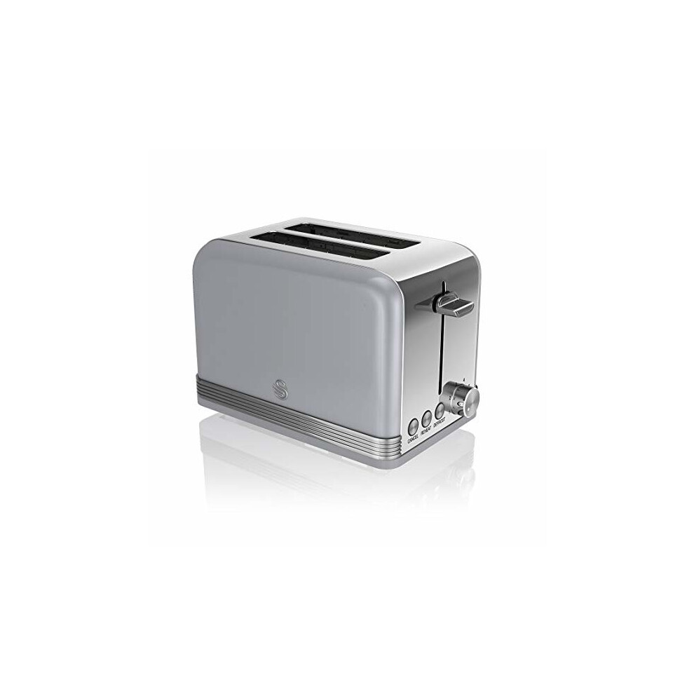 Swan ST19010GRN Retro 2-Slice Toaster with Defost/Reheat/Cancel Functions, Cord Storage, 815W, Retro, Stainless Steel in Grey