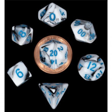 Metallic Dice Games LIC41032 Mini Marble with Blue Numbers Dice Games - Set of 7
