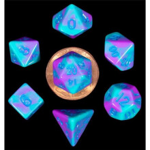Metallic Dice Games LIC4172 Mini Purple & Teal with Blue Numbers Dice Games - Set of 7