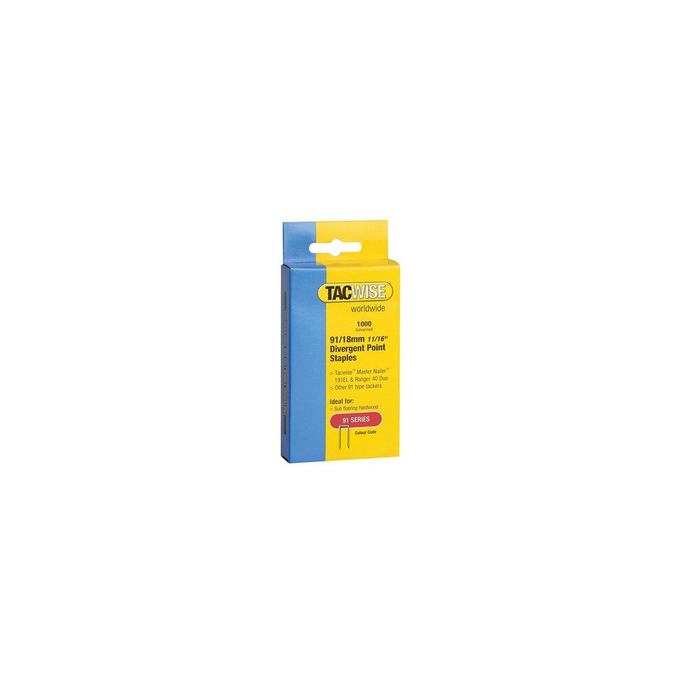 Tacwise 287 91 Narrow Crown Divergent Point Staples 18mm - Electric Tackers Pack 1000