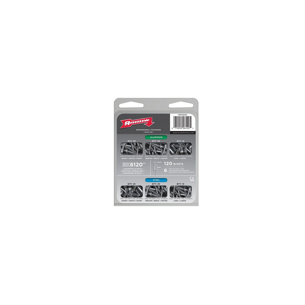 Arrow RK6120 Assorted Aluminium Rivet Pack: 120