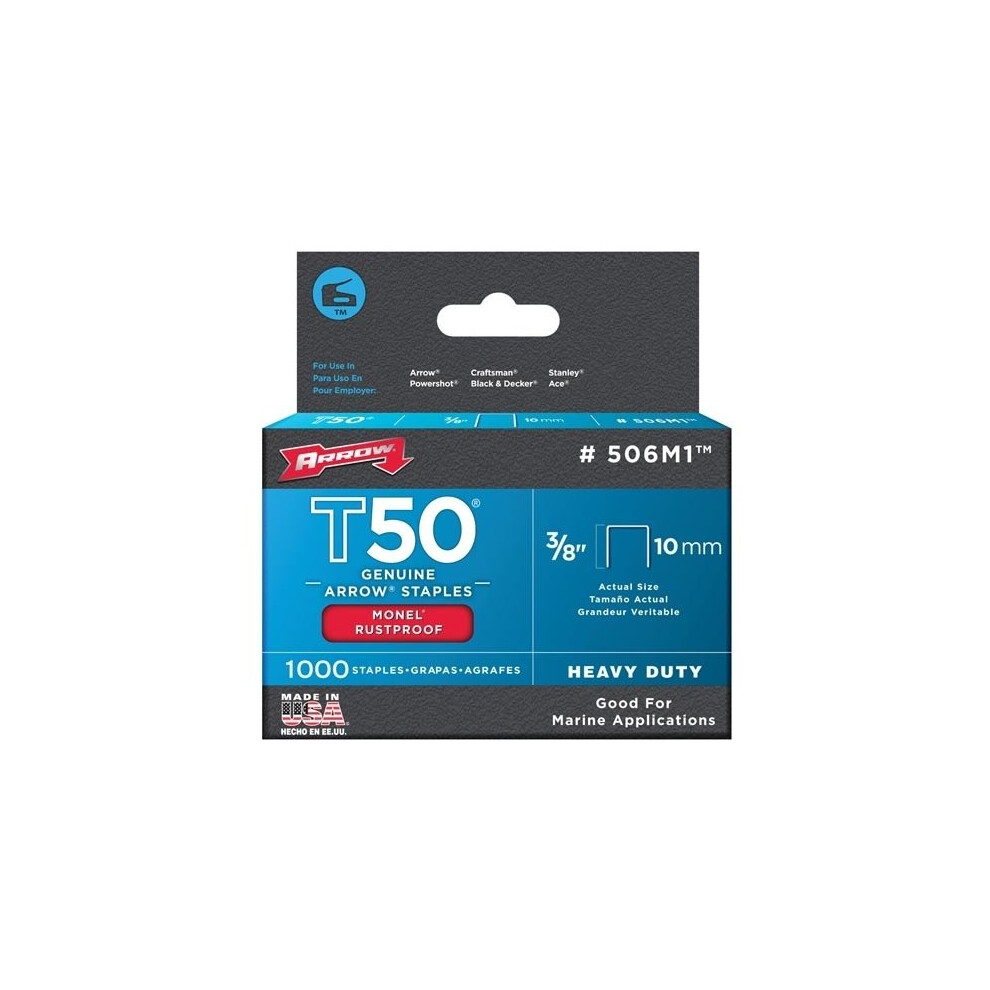 Arrow T50 Monel Staples Rust Proof Suitable for Marine Use. Size: 3/8" - 10mm Pack: 1000