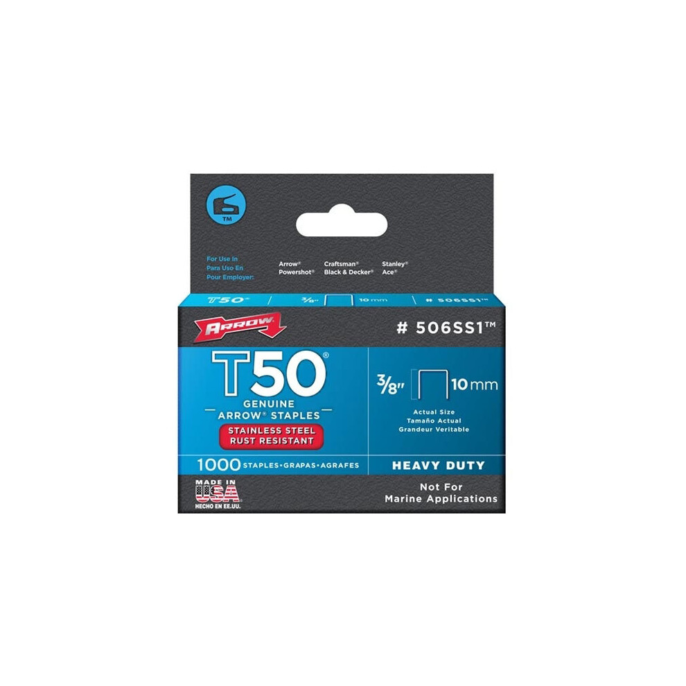 Arrow T50 Stainless Steel Staples Size: 3/8" - 10mm Pack: 1000