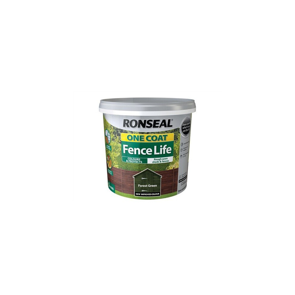 Ronseal One Coat Fence Life Forest Green 5 Litre - Quick-Dry Water-Based Fence & Shed Treatment (RSLOCFLFG5L)