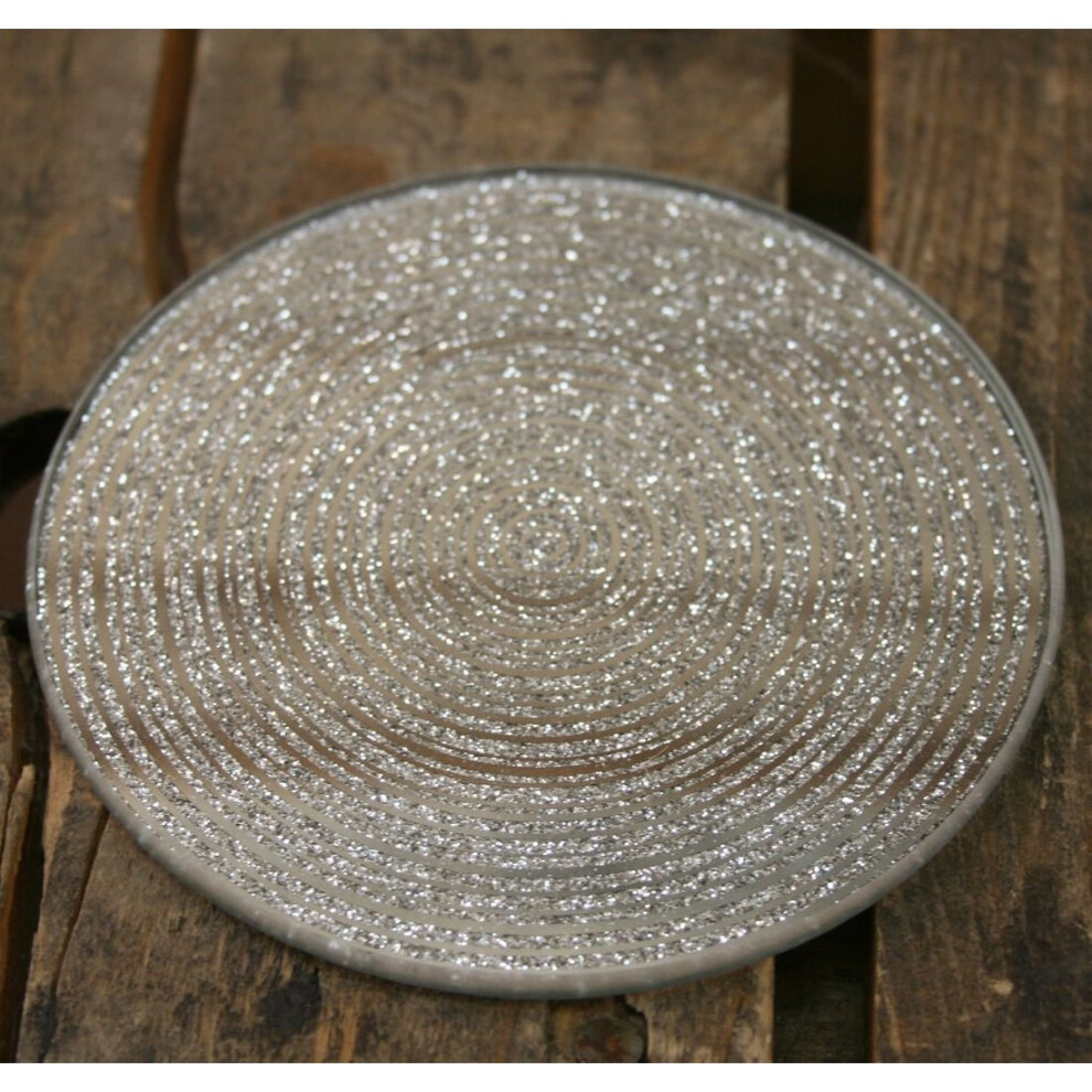 10cm Mirrored Round Glitter Glass Coaster Candle Plate Silver Swirl Wedding