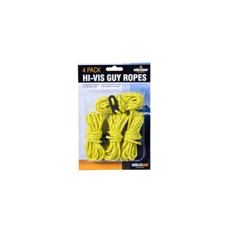 4 Pack Hi-Vis High Visibility Guy Tent Ropes Yellow Tensioners Camping Line 3.8M