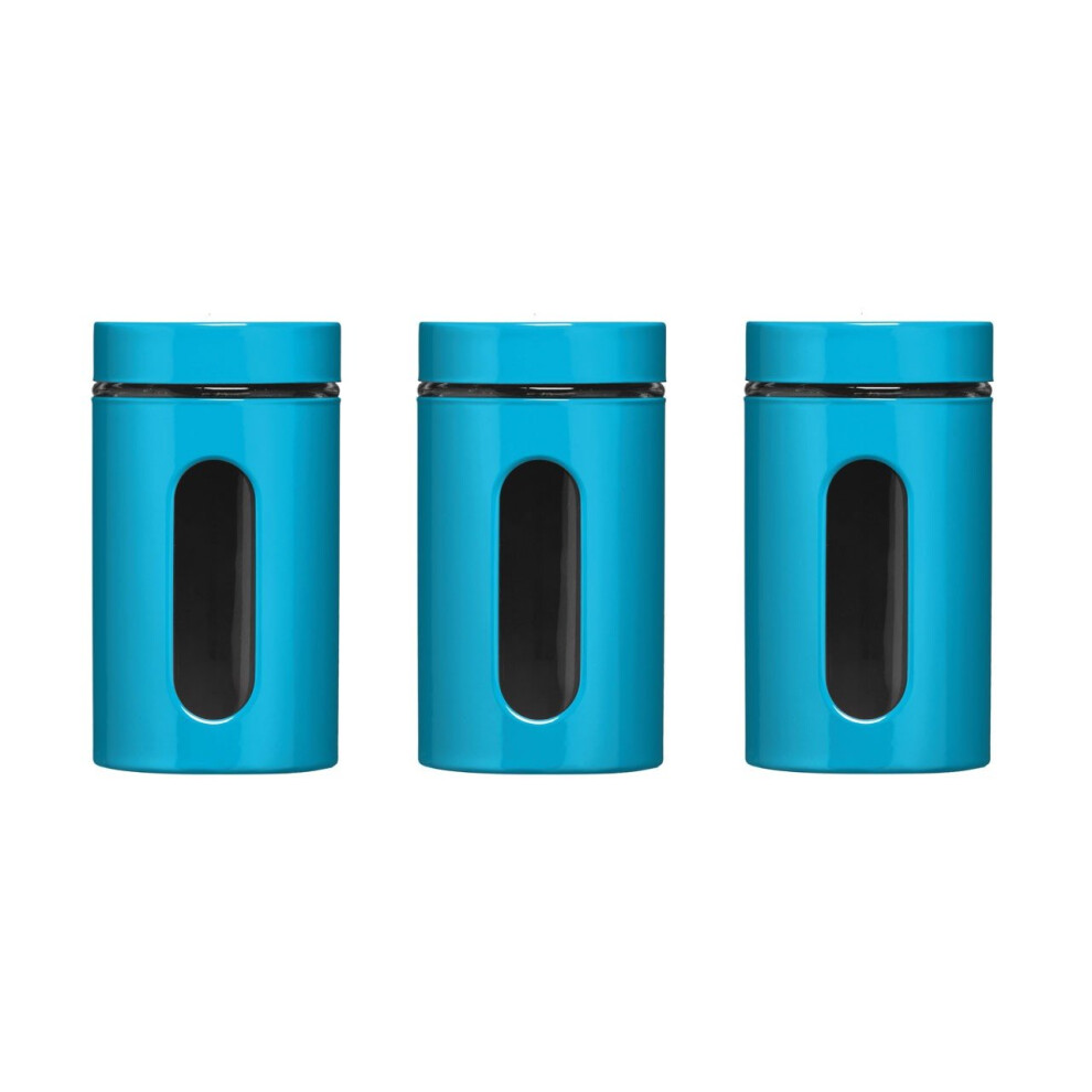 PF-1209790: Set of 3 Blue Enamel-on-Steel/Glass Storage Canisters with Airtight Seal, Clear Window, 1L Capacity