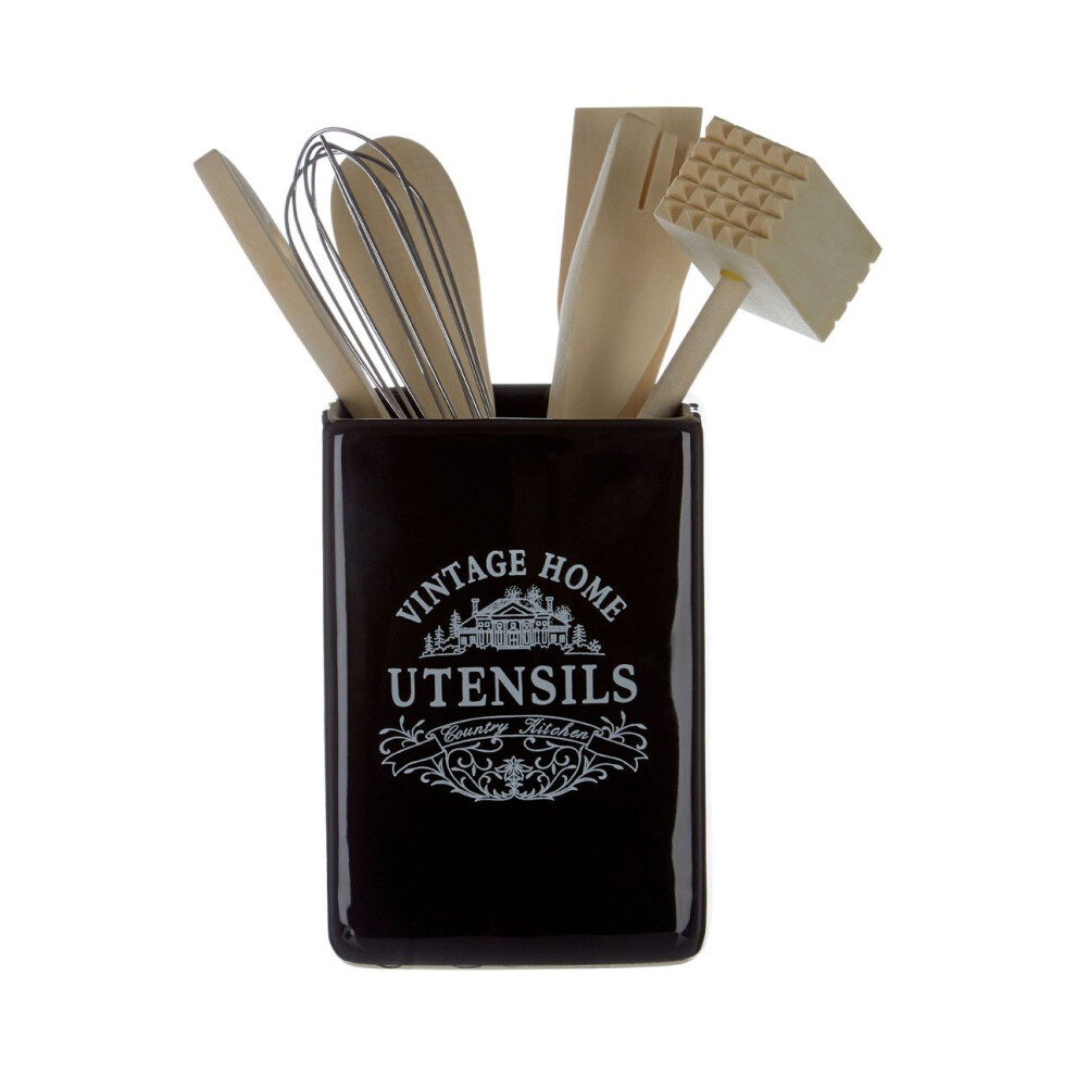 Elegant Vintage Black Edition Utensil Jar, Premium Utensil Holder, Ceramic Build Kitchen Utensil Holder