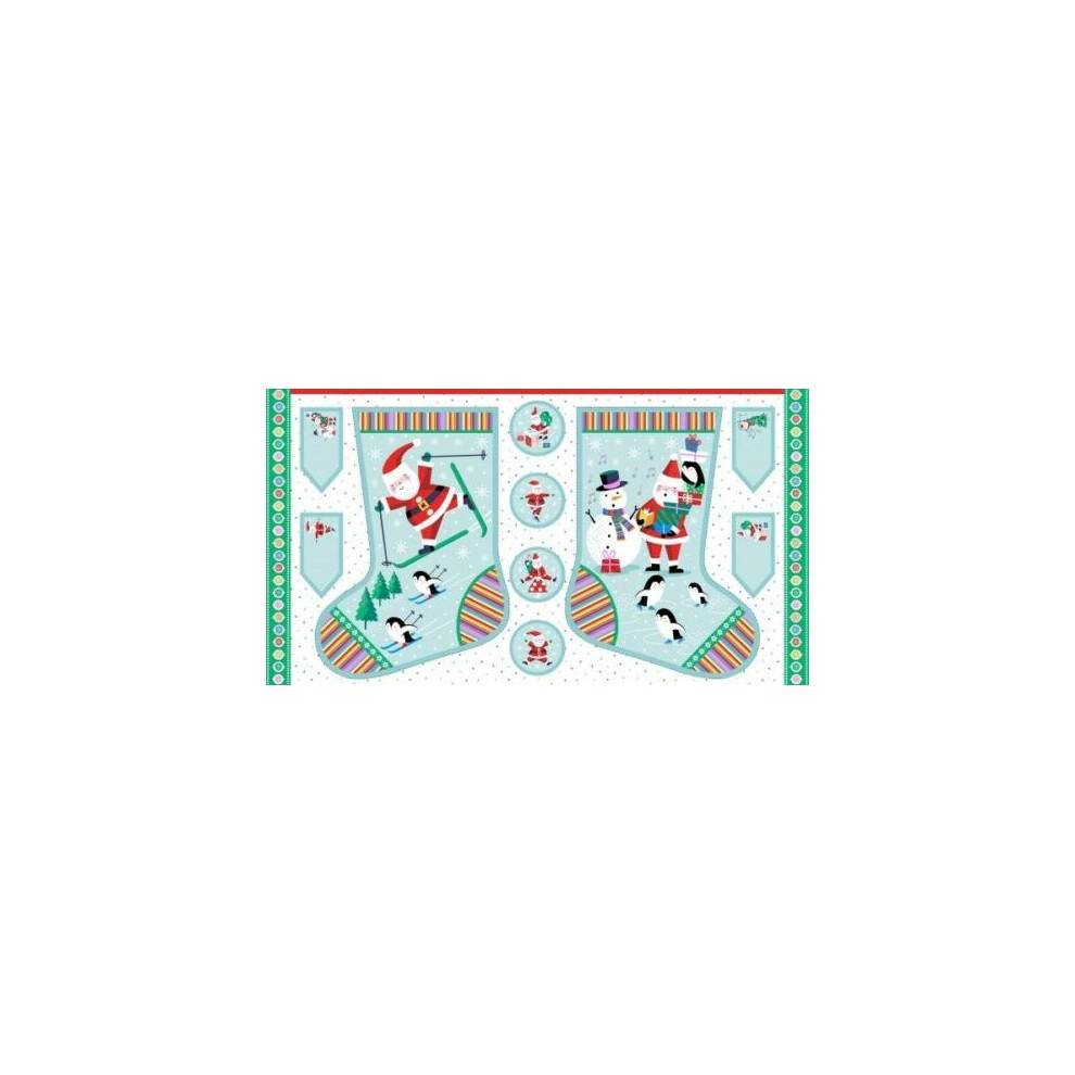 Makower Jolly Santa Snowman Christmas Holiday Stocking Cotton Quilting Fabric Panel Multicoloured