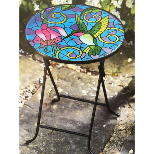 Smart Garden Products Hand Painted HUMMINGBIRD  Glass Table Top Folding Drinks Table