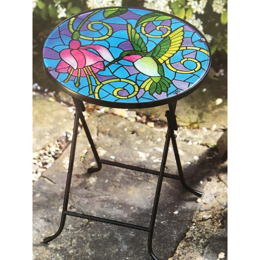 Hand Painted HUMMINGBIRD  Glass Table Top Folding Drinks Table