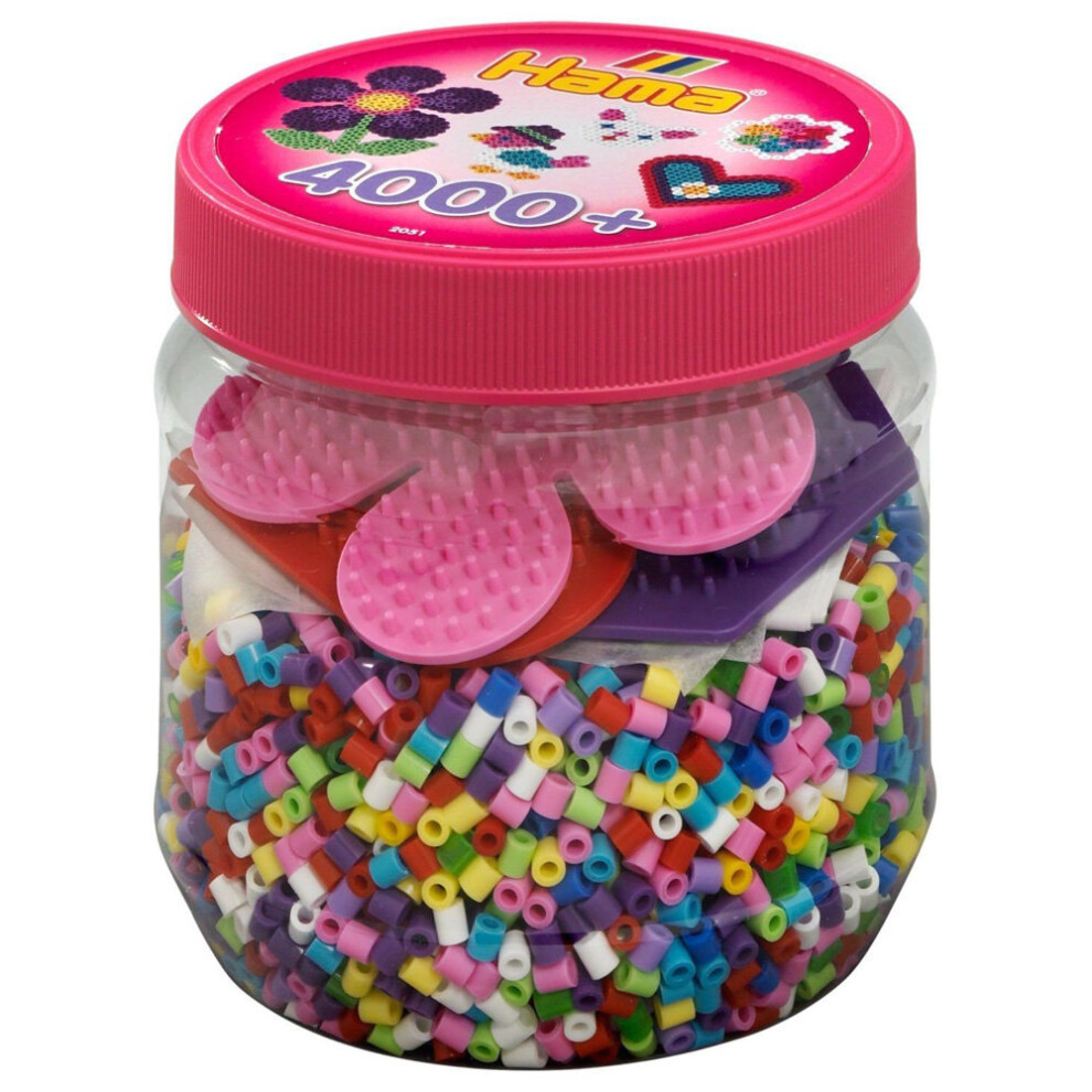 Hama Beads 4000 Beads & 3 Pegboards in Tub – Pink (10.2051) Includes Design Sheet, Instructions & Ironing Paper