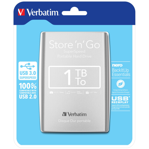 Verbatim Verbatim 1TB Store 'n' Go 2,5" Silverfärgad extern hårddisk med USB 3.0