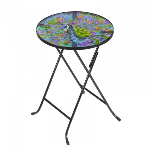 Smart Garden Products Outside Peacock Design Glass Folding Drinks Table Bird Stained Side