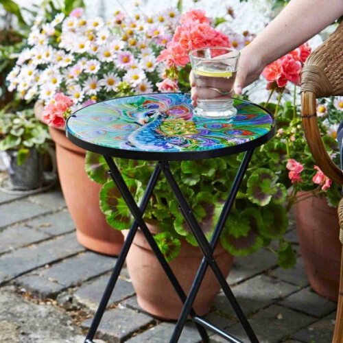Smart Garden Products Outside Peacock Design Glass Folding Drinks Table Bird Stained Side 1
