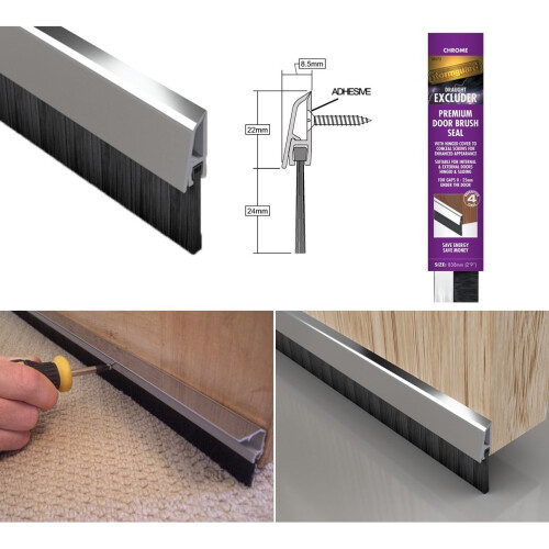 (Chrome) Stormguard Concealed Fixed Brush Bottom Door Seal - Draught Excluder Door Strip