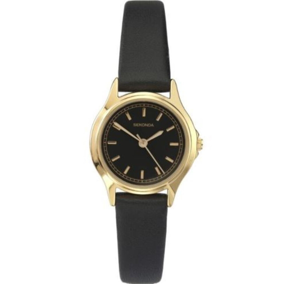 Sekonda Womens Wrist Watch Gold Plated Black Face Faux Leather Strap 4141