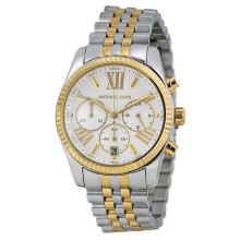 Michael Kors Lexington damsklocka med kronograf, tvåfärgat rostfritt stålarmband, vit urtavla, MK5955