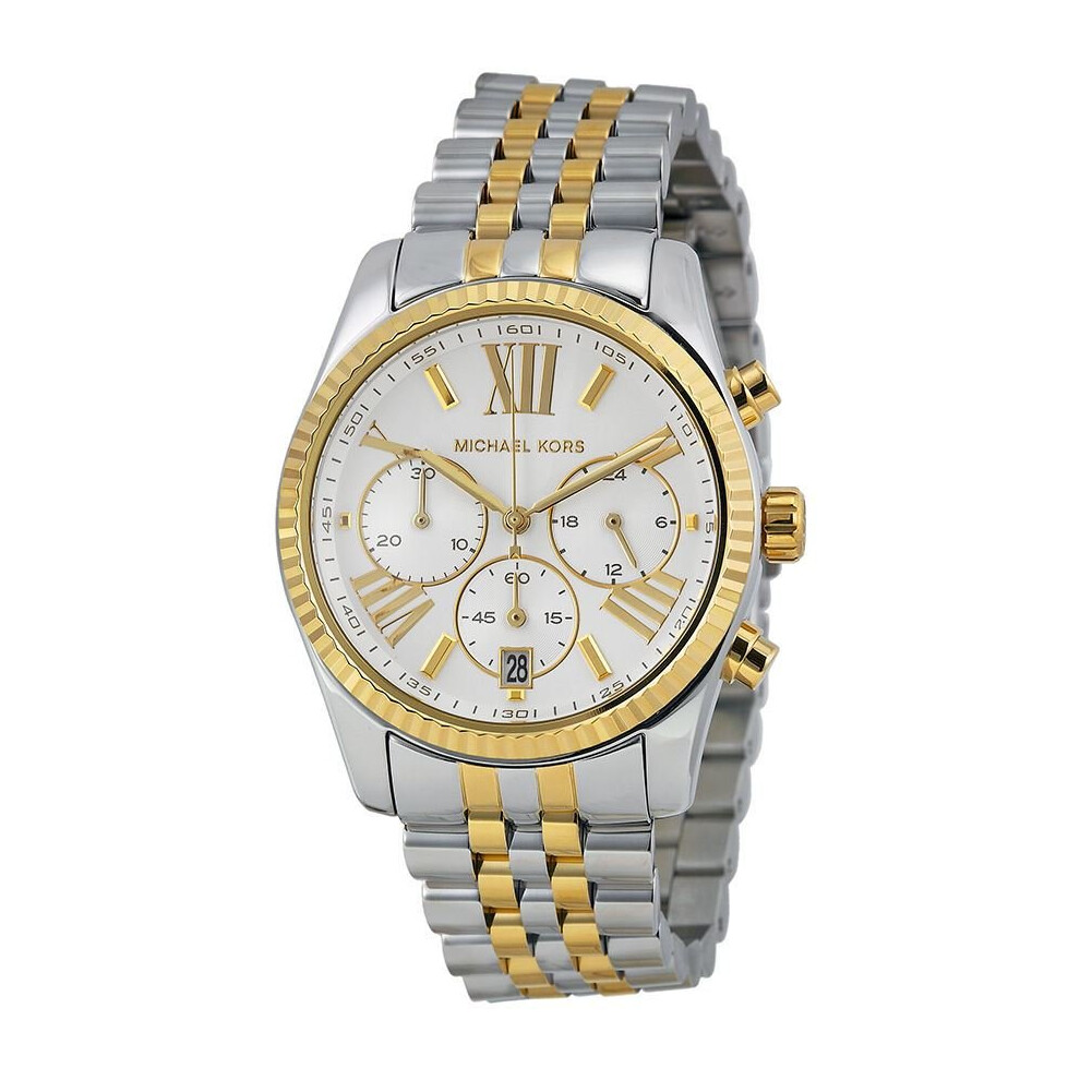 Michael Kors Lexington Ladies Chronograph Watch Two Tone Stainless Steel Bracelet White Dial  MK5955