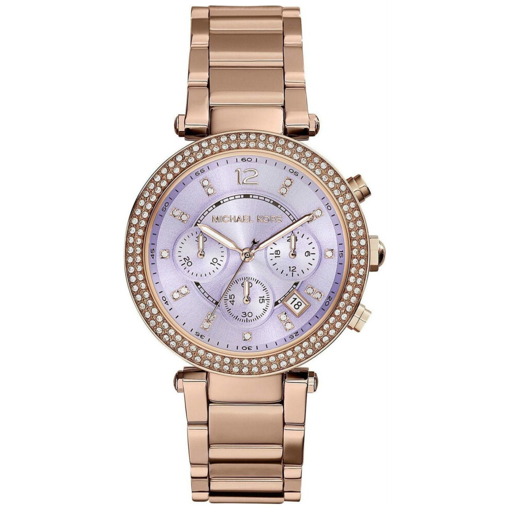 Michael Kors Parker Ladies Chronograph Watch Rose Pvd Bracelet Lilac Dial Mk6169 Gold