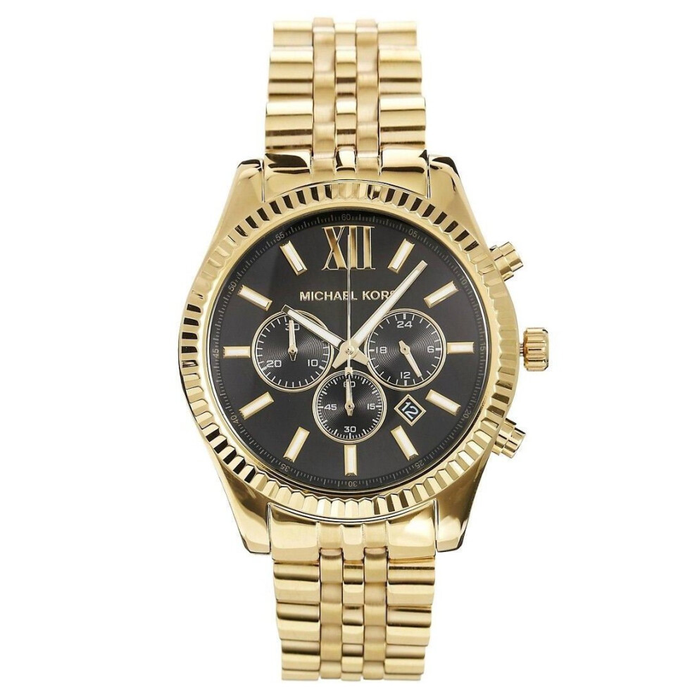 Michael Kors Mens Lexington Chronograph Watch Gold PVD Bracelet Black Dial MK8286