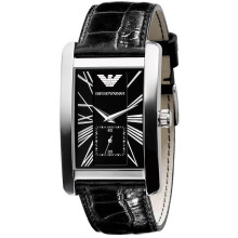 Emporio Armani Herrenuhr AR0143 – schwarzes Zifferblatt, schwarzes Lederarmband, Edelstahlgehäuse, präzises Quarzwerk