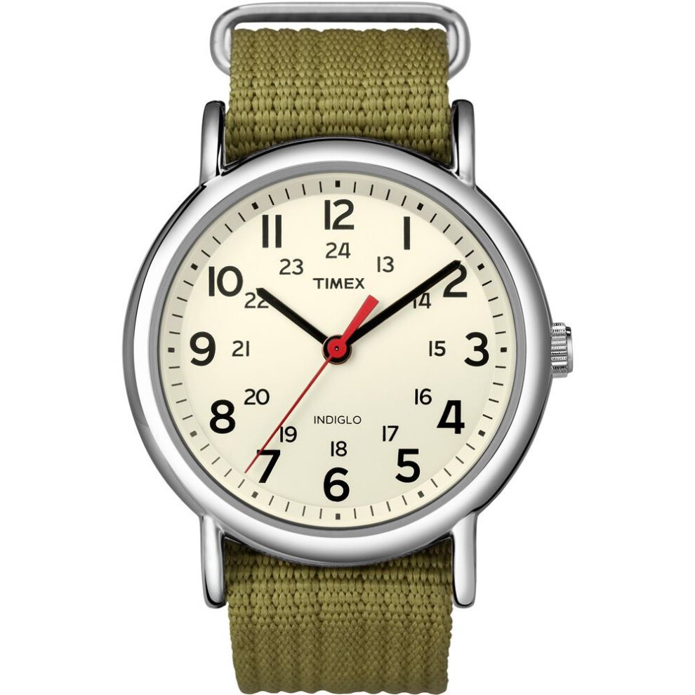 Timex Mens Indiglo Watch Green Nylon Strap Cream Dial T2N651