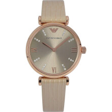 Emporio Armani Ladies Watch Gold PVD Case Beige Leather Strap Silver Dial AR1681