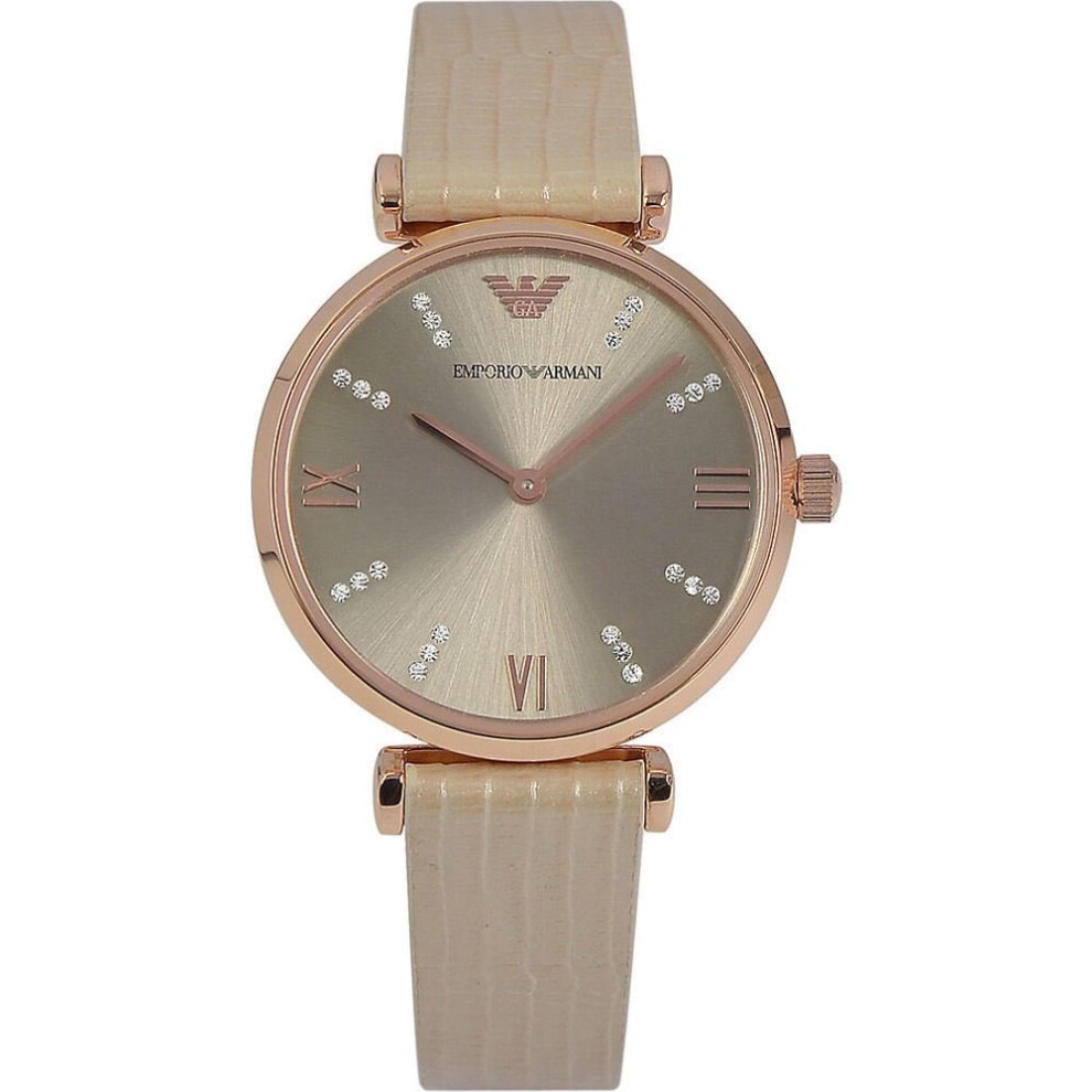 Emporio Armani Ladies Watch Gold PVD Case Beige Leather Strap Silver Dial AR1681