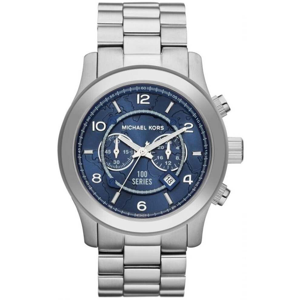 Michael Kors Mens Hunger Stop Chronograph Watch Silver Bracelet Blue Dial MK8314