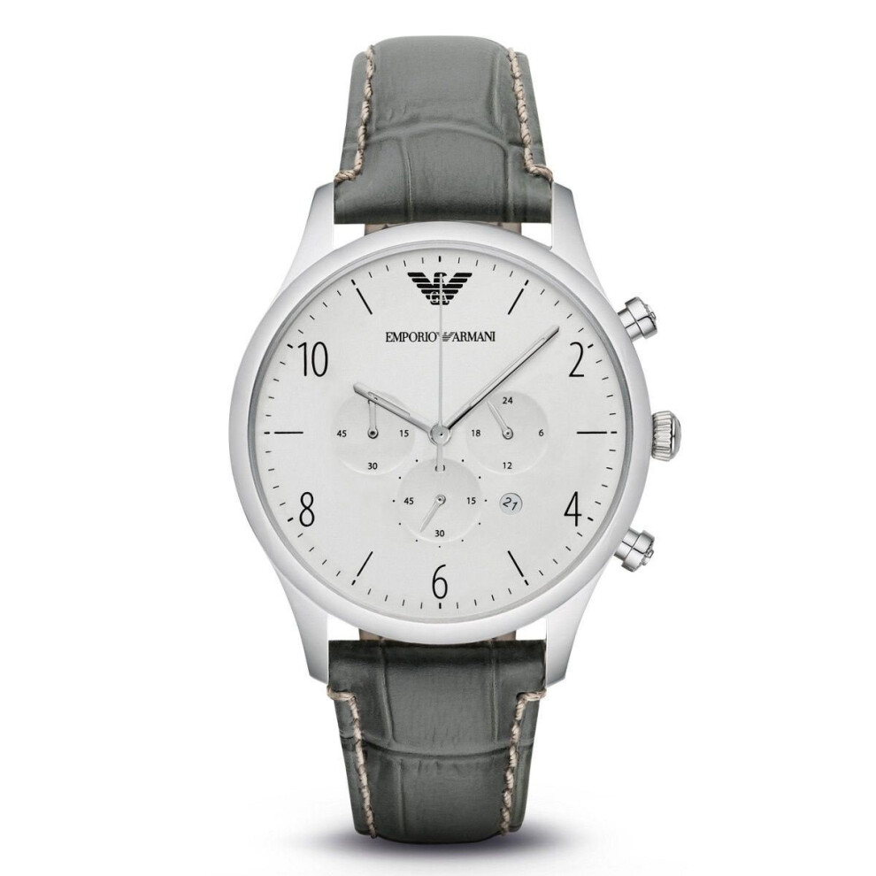 Emporio Armani Mens Gents Chronograph Watch Grey Leather Strap Silver Dial AR1861