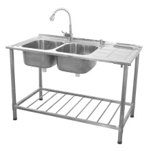 Évier Professionnel en Inox Égouttoir à Droite Doubles Cuves Étagère CHRD HORECA