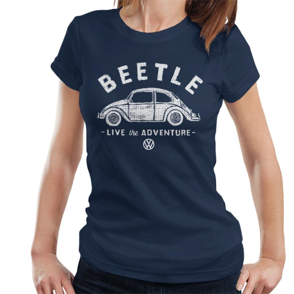 (Medium, Navy Blue) Official Volkswagen Beetle White Live The Adventure Women's T-Shirt