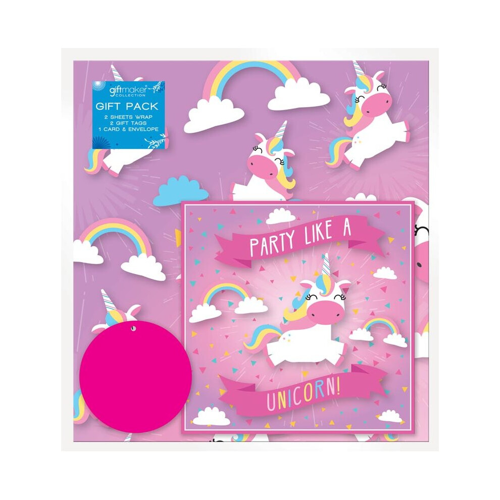 2 Sheets of Pink Unicorn Birthday Gift Wrap Wrapping Paper Card & 2 Gift Tags