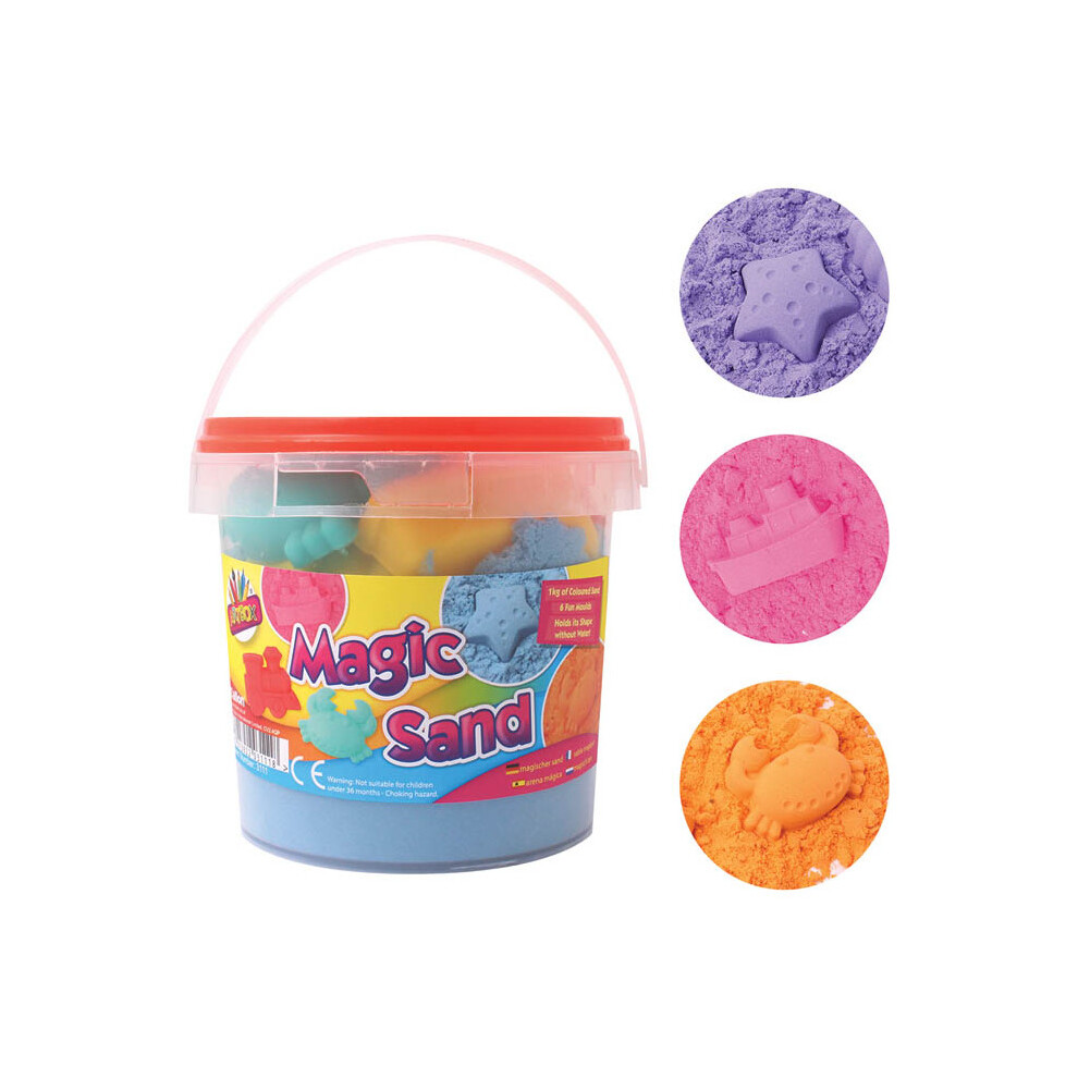 Sand Magic Play 1kg Play Tub Set Sand 6 Moulds Kinectic Squeeze Sand