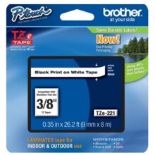 Brother TZE221 TZe Standard Adhesive Laminated Labeling Tape  3/8w  Black on White