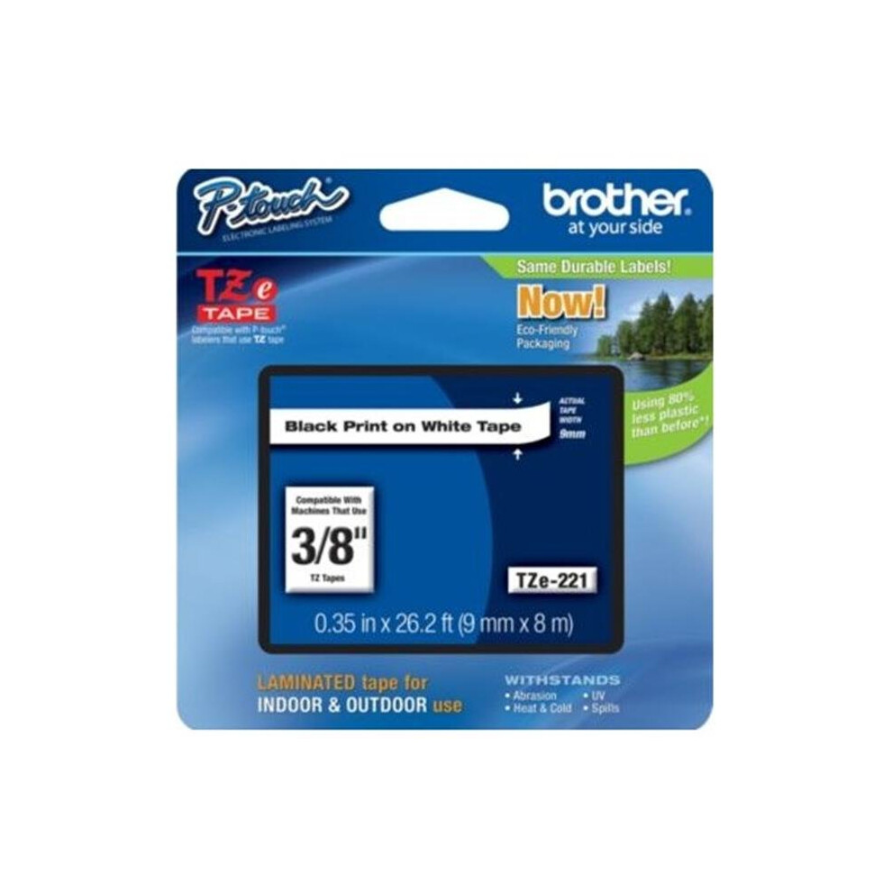 Brother TZE221 TZe Standard Adhesive Laminated Labeling Tape  3/8w  Black on White