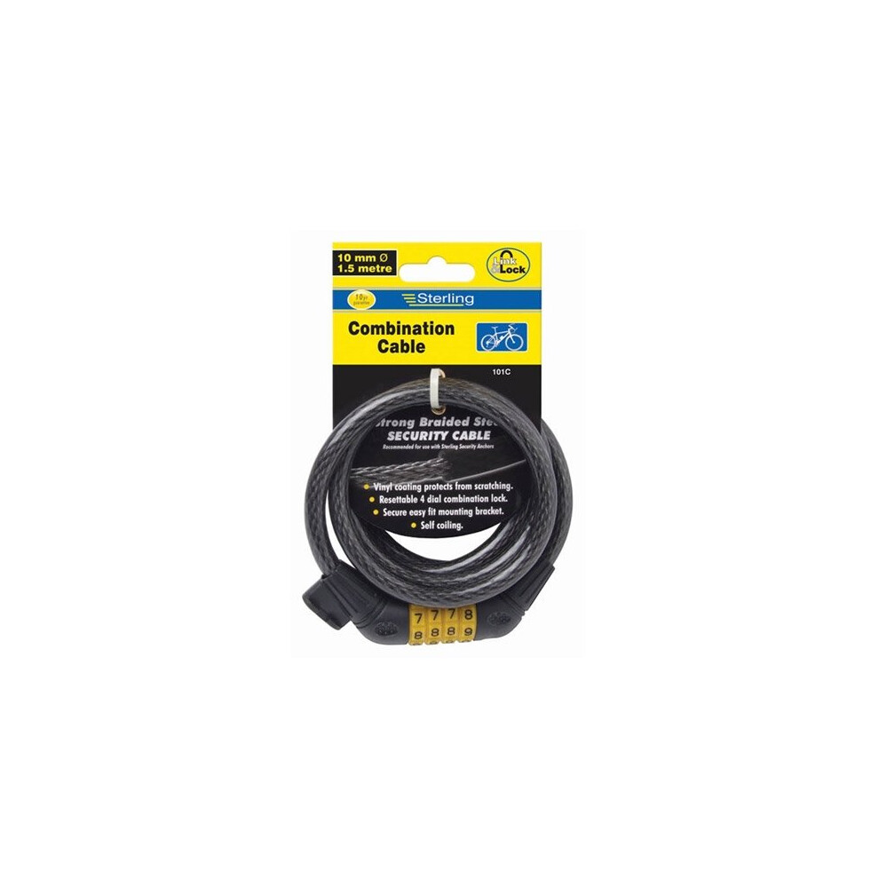 Sterling 101C Combination Locking Cable Self Coiling With Bracket 10Mm X 1.5 Metre 5016567012467