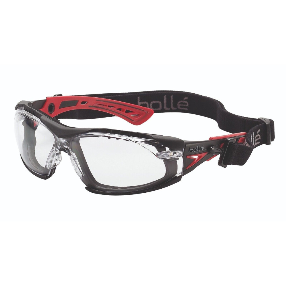 Bolle RUSH+ Safety Glasses Red/Black Temples + Foam & Strap Clear Lens