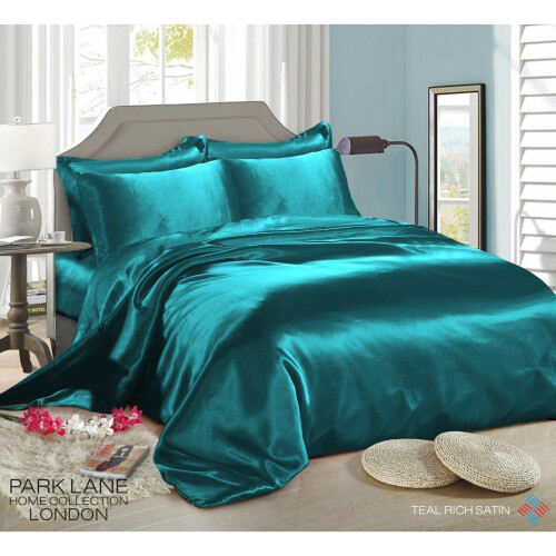 (DOUBLE, TEAL) 6PCS Satin Silk Duvet Cover Bedding Set
