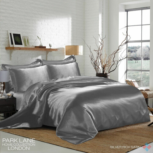 (KING, SILVER) 6PCS Satin Silk Duvet Cover Bedding Set