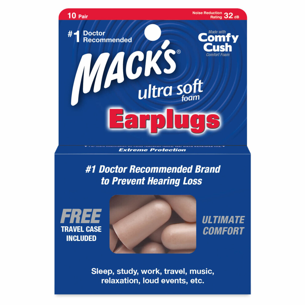 (10 Pairs / Pack) Mack's Ultra Soft Foam Earplugs Sleep Study Travel