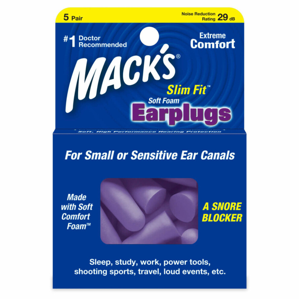 (5 Pairs / Pack) Mack's Slim Fit Soft Foam Ear Plugs MACKS Sleeping Studying Travel Earplugs